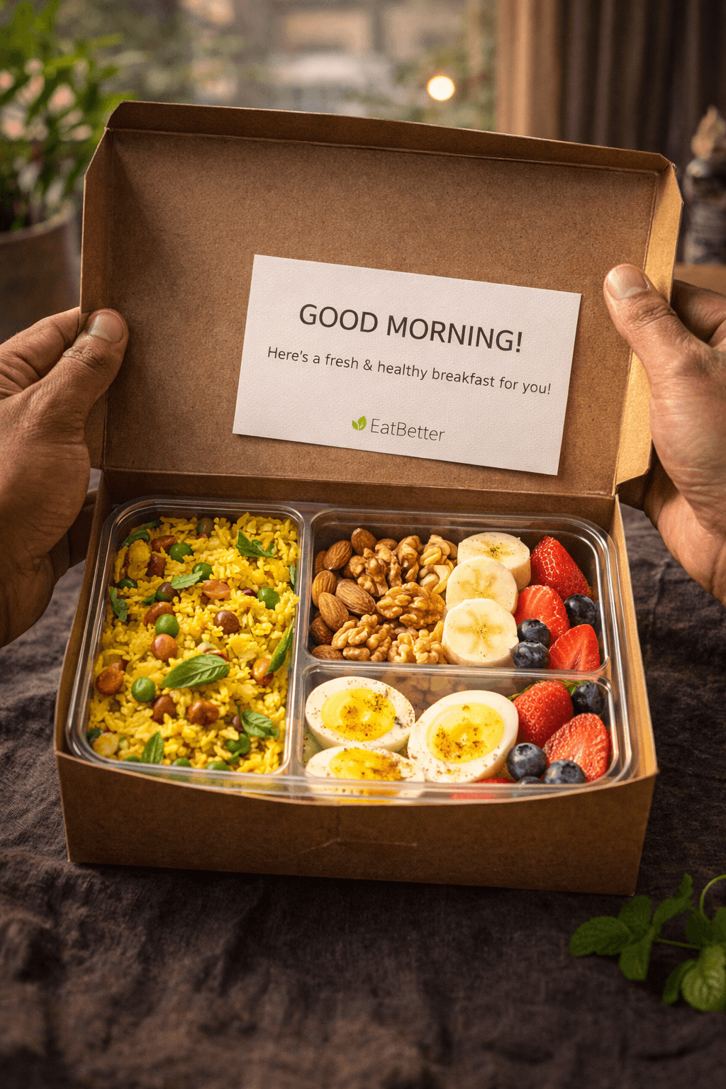Premium meal delivery box with healthy Indian breakfast items