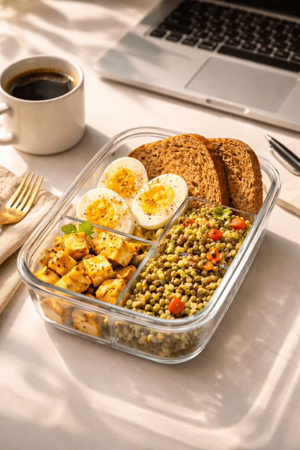 Meal prep containers with protein-rich Indian breakfast