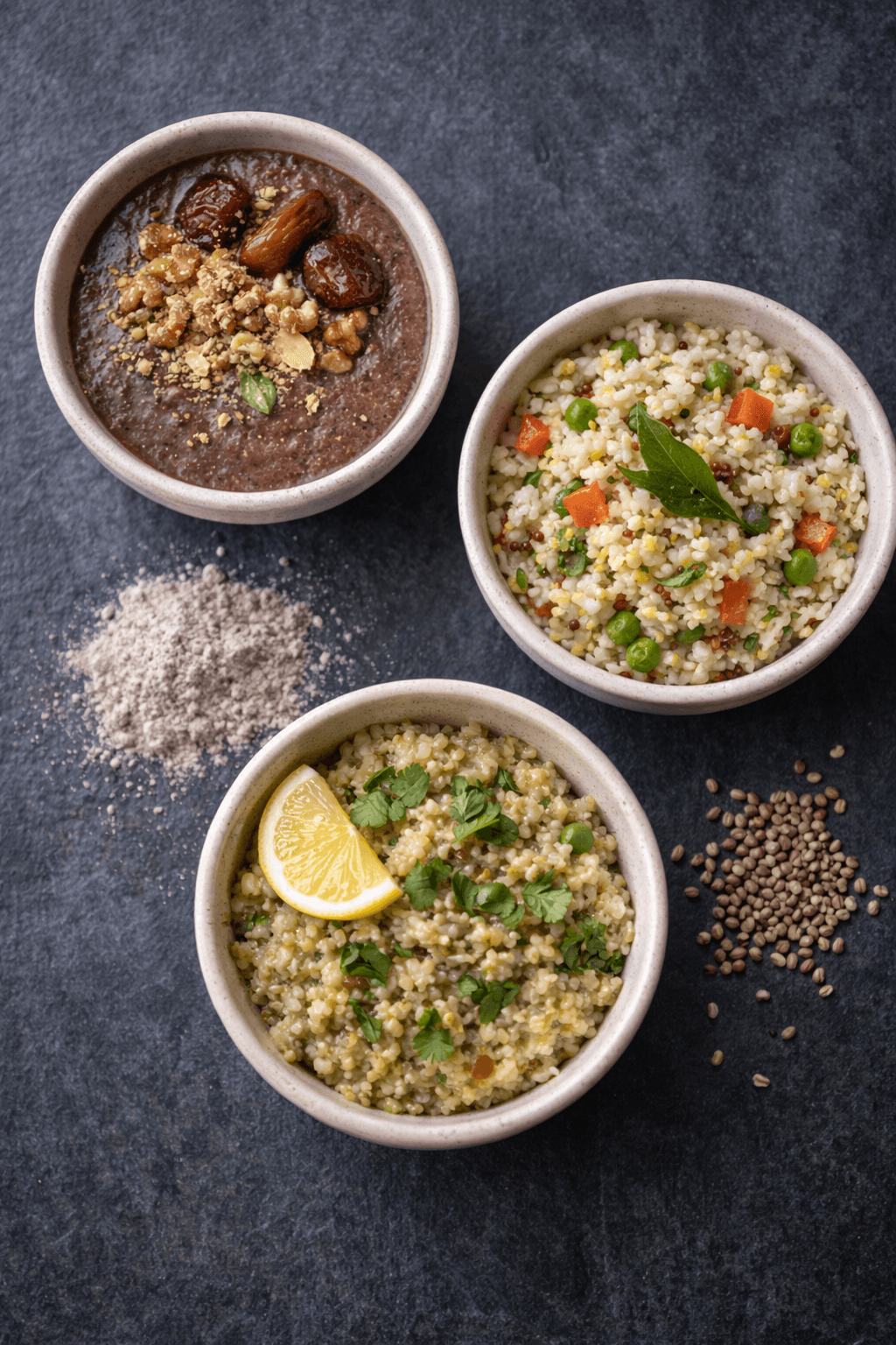 Colorful millet breakfast bowls with Indian spices